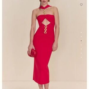 Cult Gaia Scarlet Halter Midi Dress with Gold Accents